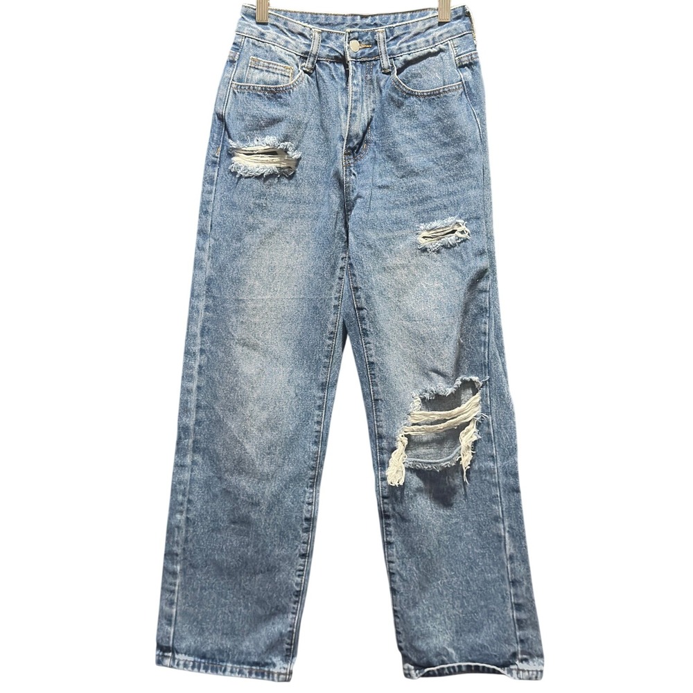 Size XXS SHEIN Petite Distressed High Waist Straight Leg Jeans Medium Wash Blue